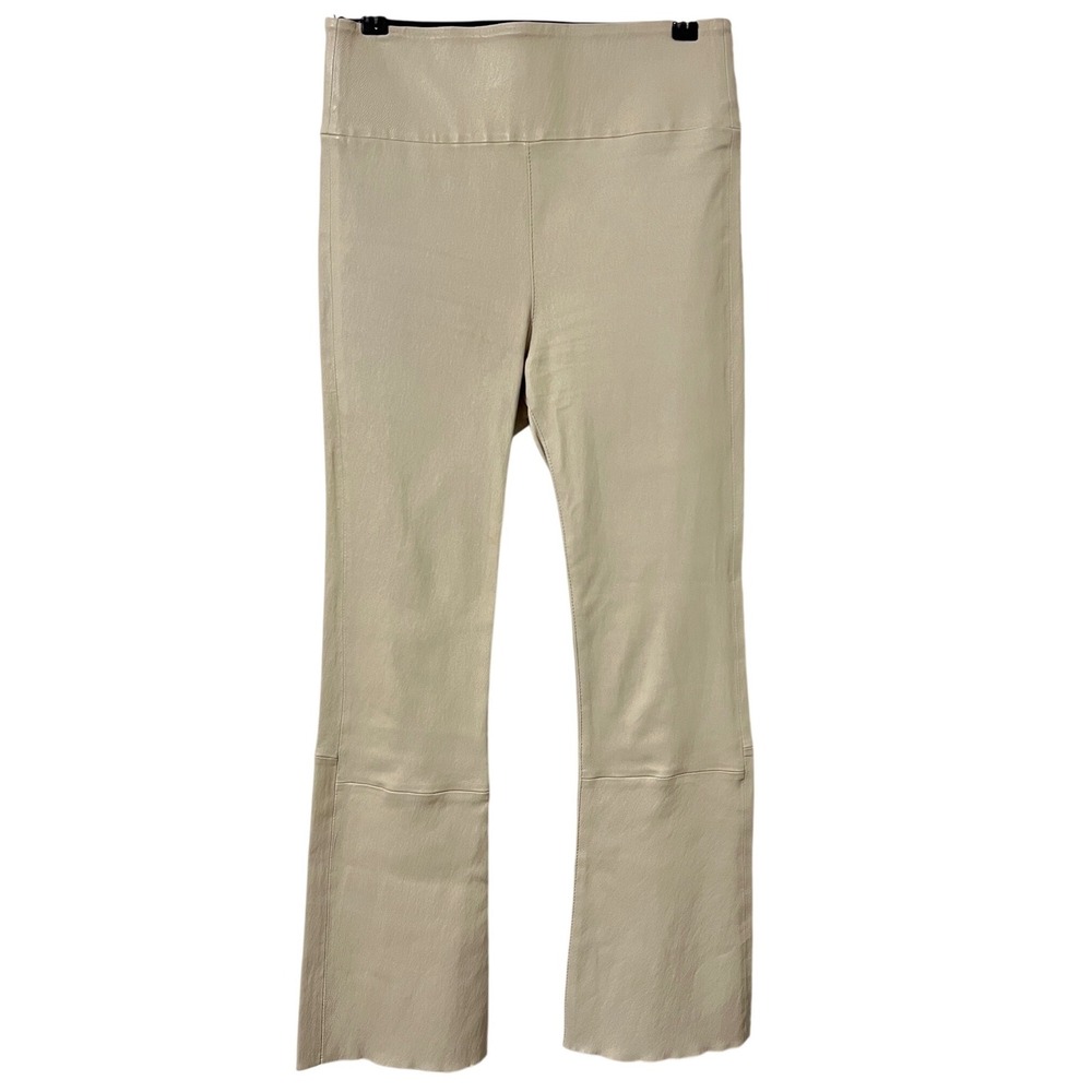 SPRWMN Crop Flare Leather Pants Womens Beige High Waist Raw Hem Small Rare